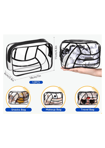 Transparent pouches with measurements and usage illustrations on a white background